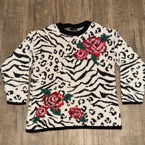 Vintage Cutting Edge - Red Rose and Animal Print Sweater - Black and White